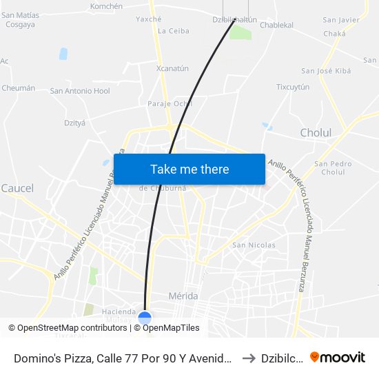 Domino's Pizza, Calle 77 Por 90 Y Avenida Itzáes, Colonia Sambulá to Dzibilchaltún map