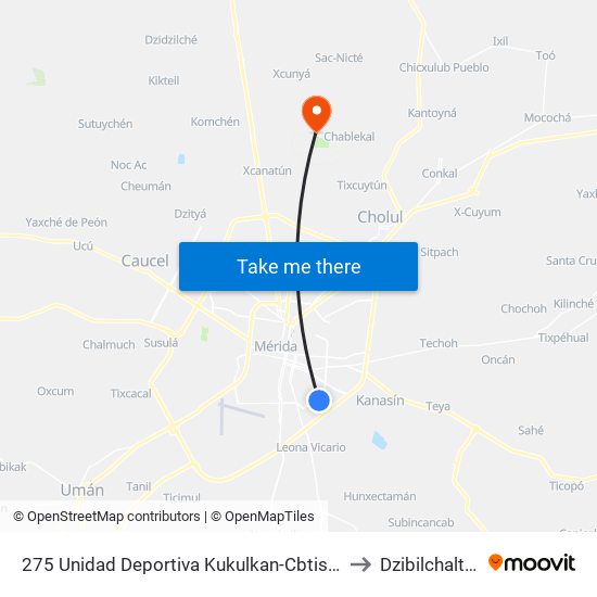 275 Unidad Deportiva Kukulkan-Cbtis 95 to Dzibilchaltún map