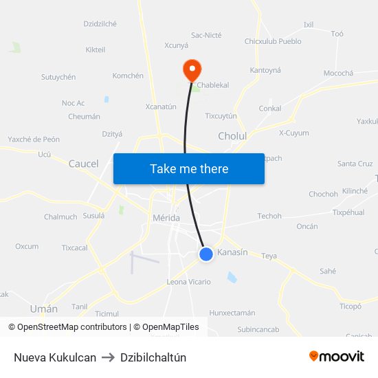 Nueva Kukulcan to Dzibilchaltún map