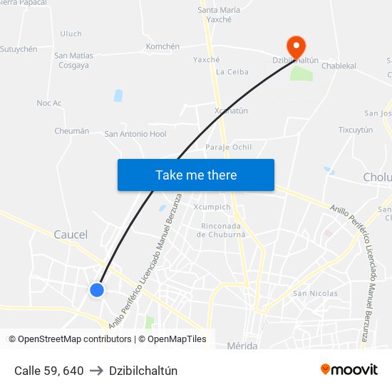 Calle 59, 640 to Dzibilchaltún map
