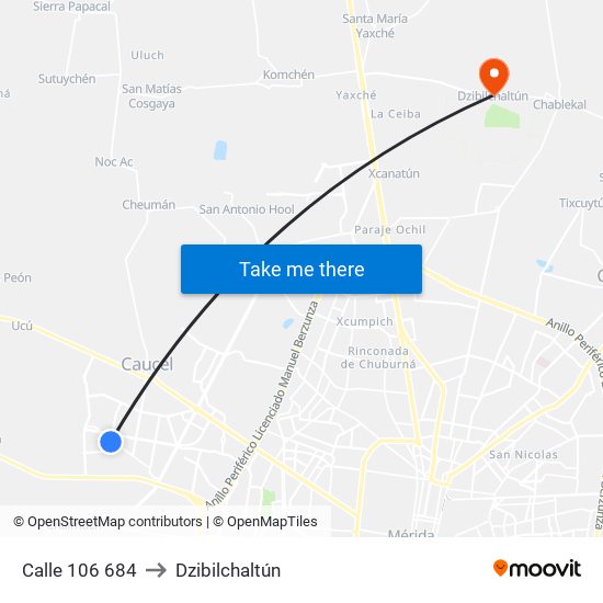 Calle 106 684 to Dzibilchaltún map