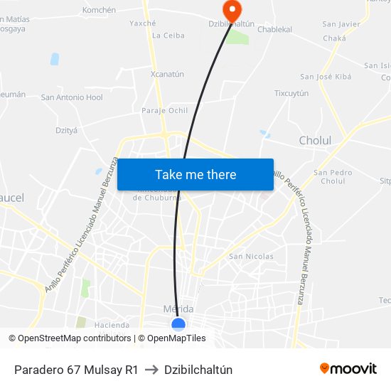 Paradero 67 Mulsay R1 to Dzibilchaltún map