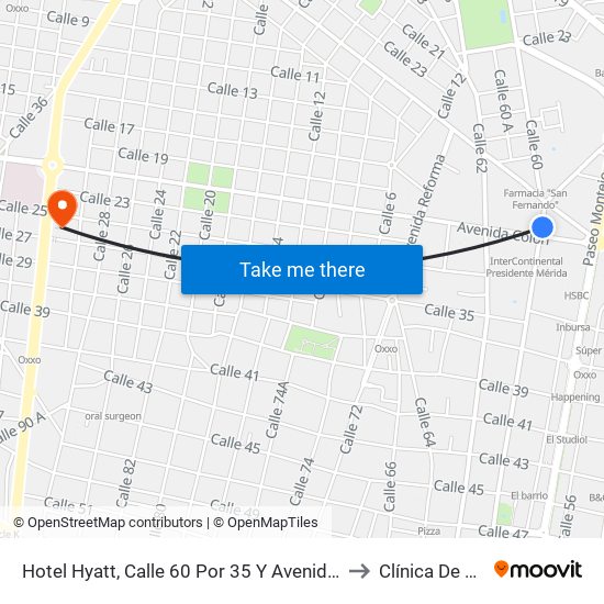 Hotel Hyatt, Calle 60 Por 35 Y Avenida Colón, Centro to Clínica De Merida map