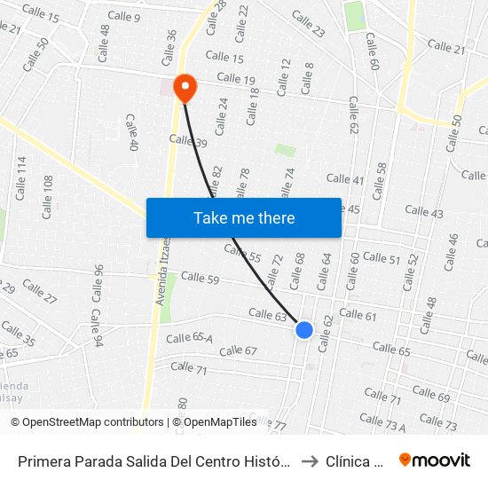 Primera Parada Salida Del Centro Histórico, Calle 65 Por 64 Y 66, Centro to Clínica De Merida map