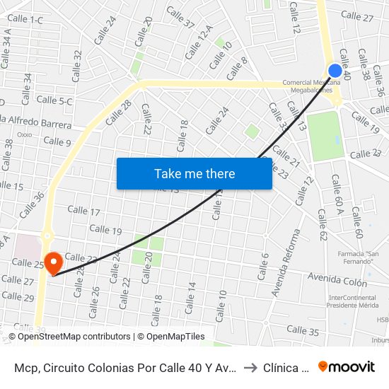 Mcp, Circuito Colonias Por Calle 40 Y Avenida Tecnológico, Colonia Buenavista to Clínica De Merida map