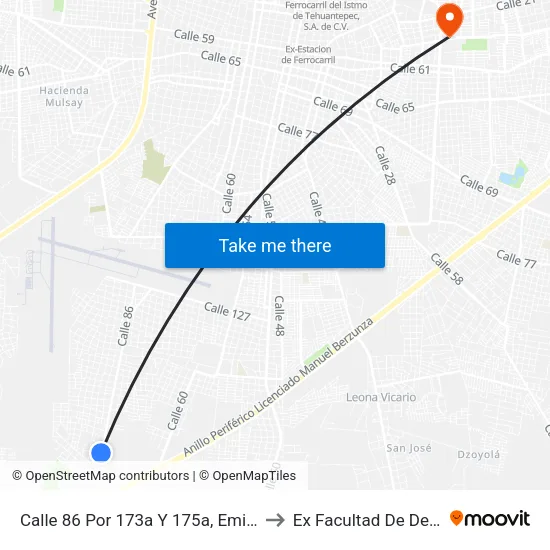 Calle 86 Por 173a Y 175a, Emiliano Zapata Sur Iii to Ex Facultad De Derecho (Uady) map