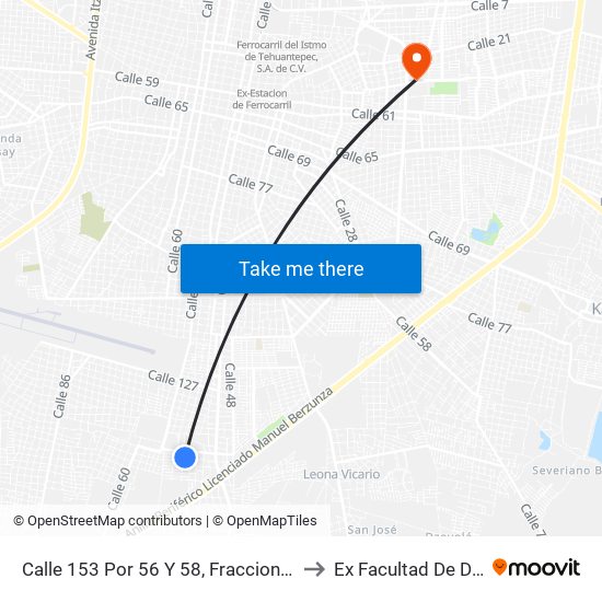 Calle 153 Por 56 Y 58, Fraccionamiento San José Tecoh to Ex Facultad De Derecho (Uady) map