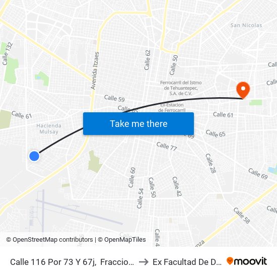 Calle 116 Por 73 Y 67j,  Fraccionamiento Nueva Mulsay to Ex Facultad De Derecho (Uady) map