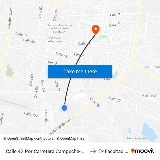 Calle 42 Por Carretera Campeche-Mérida Y 21 Fraccionamiento San Nicolás Del Sur to Ex Facultad De Derecho (Uady) map