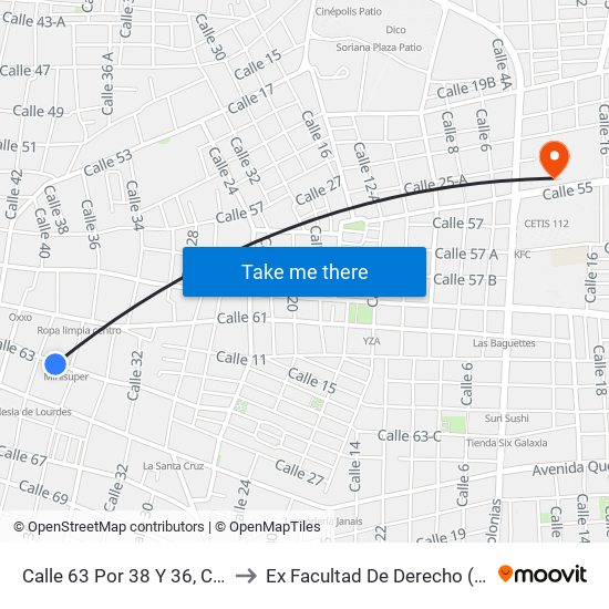Calle 63 Por 38 Y 36, Centro to Ex Facultad De Derecho (Uady) map