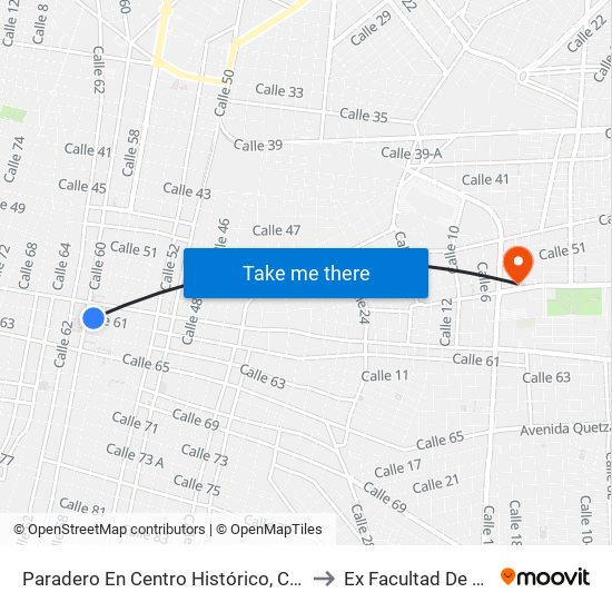 Paradero En Centro Histórico, Calle 61 Por 58 Y 60, Centro to Ex Facultad De Derecho (Uady) map