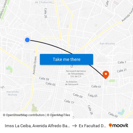 Imss La Ceiba, Avenida Alfredo Barrera Vazquez Por 38 Y 40, Pensiones to Ex Facultad De Derecho (Uady) map