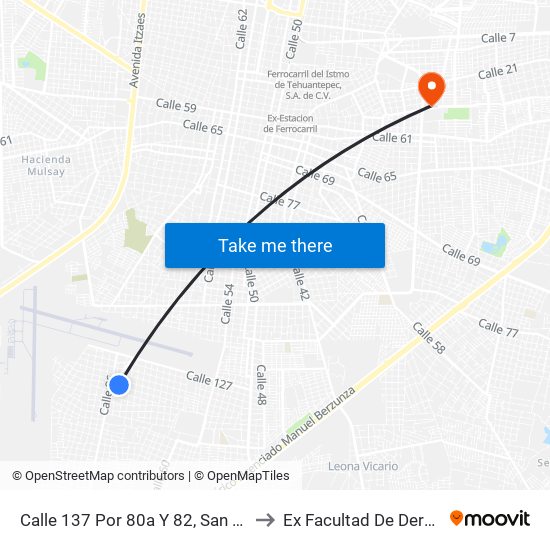 Calle 137 Por 80a Y 82, San Antonio Xluch II to Ex Facultad De Derecho (Uady) map