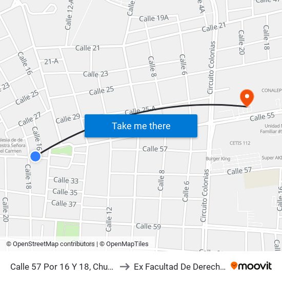 Calle 57 Por 16 Y 18, Chuminópolis to Ex Facultad De Derecho (Uady) map