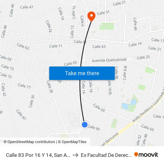 Calle 83 Por 16 Y 14, San Antonio Kaua to Ex Facultad De Derecho (Uady) map