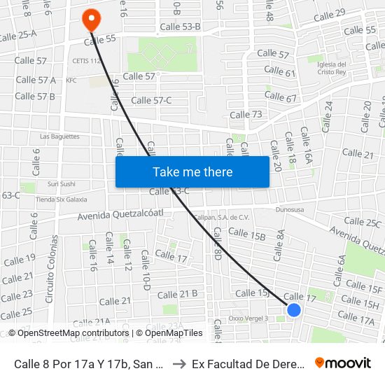 Calle 8 Por 17a Y 17b, San Antonio Kaua to Ex Facultad De Derecho (Uady) map