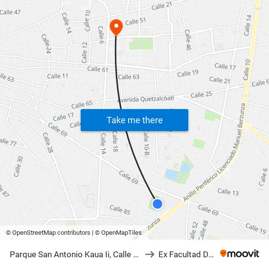 Parque San Antonio Kaua Ii, Calle 64a Por 71 Y 73, San Antonio Kaua II to Ex Facultad De Derecho (Uady) map