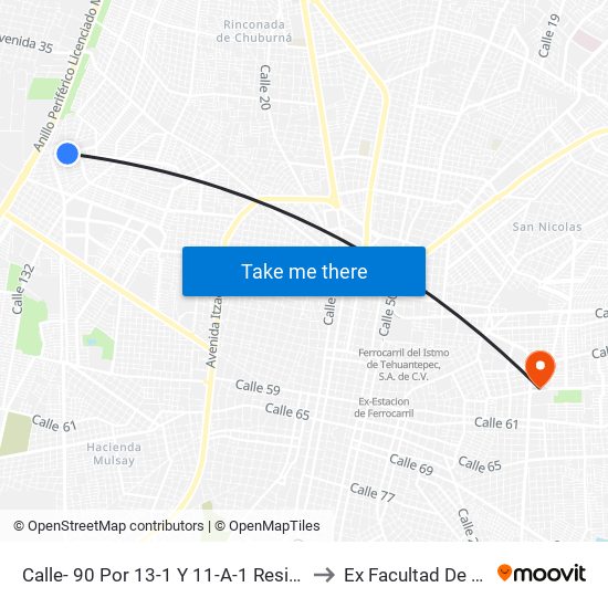 Calle- 90 Por 13-1 Y 11-A-1 Residencial Pensiones Etapa VII to Ex Facultad De Derecho (Uady) map