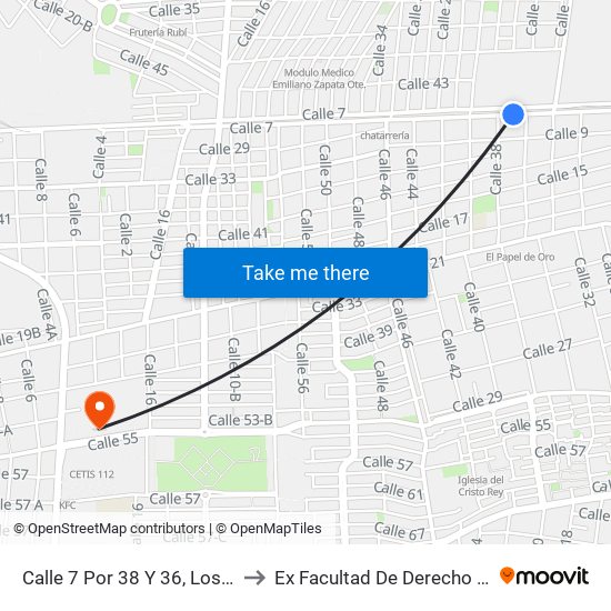 Calle 7 Por 38 Y 36, Los Reyes to Ex Facultad De Derecho (Uady) map