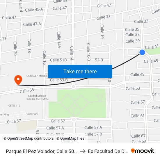 Parque El Pez Volador, Calle 50 Por 41 Y 43, Pacabtún to Ex Facultad De Derecho (Uady) map