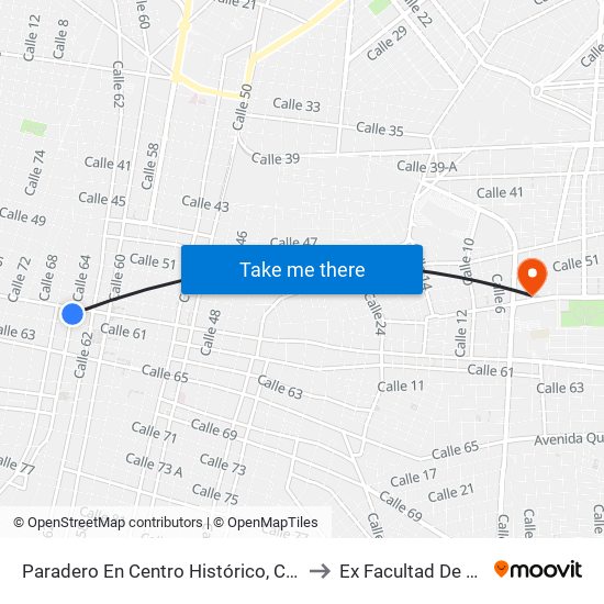 Paradero En Centro Histórico, Calle 64 Por 61 Y 59, Centro to Ex Facultad De Derecho (Uady) map