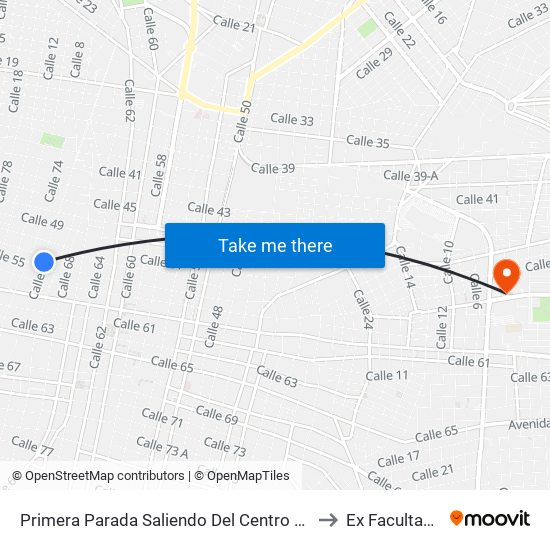 Primera Parada Saliendo Del Centro Histórico, Calle 72 Por 55 Y 53, Barrio De Santiago Centro to Ex Facultad De Derecho (Uady) map