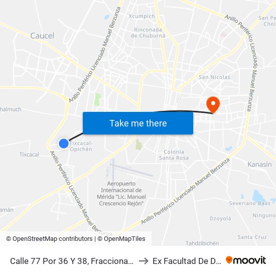 Calle 77 Por 36 Y 38, Fraccionamiento Tixcacal Opichén to Ex Facultad De Derecho (Uady) map