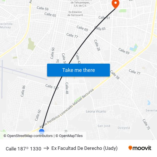 Calle 187ᴰ 1330 to Ex Facultad De Derecho (Uady) map