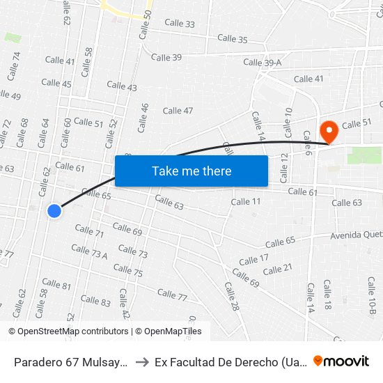 Paradero 67 Mulsay R1 to Ex Facultad De Derecho (Uady) map