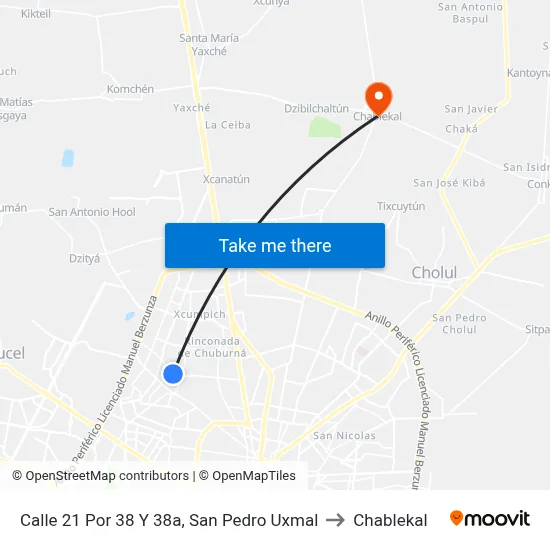 Calle 21 Por 38 Y 38a, San Pedro Uxmal to Chablekal map