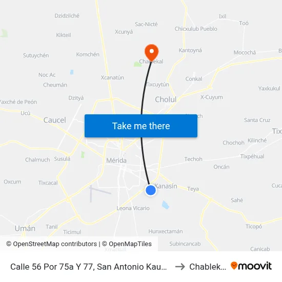 Calle 56 Por 75a Y 77, San Antonio Kaua III to Chablekal map