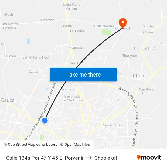 Calle 134a Por 47 Y 45  El Porvenir to Chablekal map