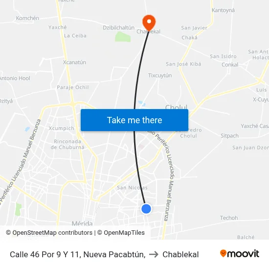 Calle 46 Por 9 Y 11, Nueva Pacabtún, to Chablekal map