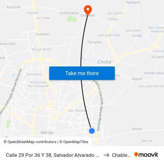 Calle 29 Por 36 Y 38, Salvador Alvarado Oriente to Chablekal map