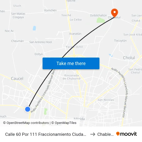 Calle 60  Por  111 Fraccionamiento Ciudad Caucel to Chablekal map