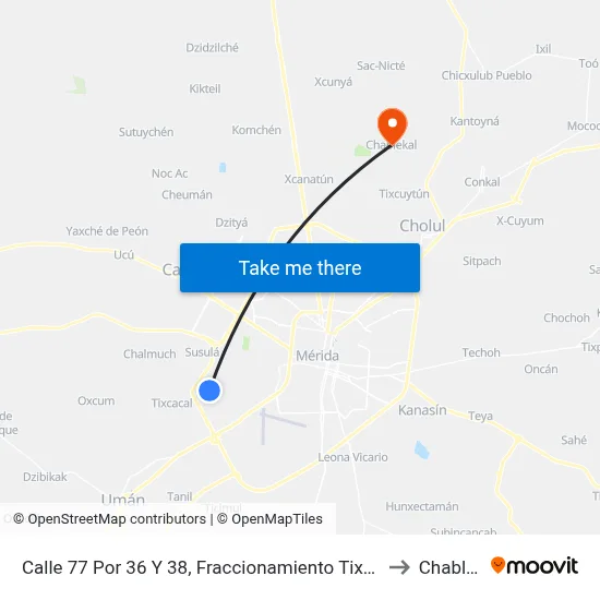 Calle 77 Por 36 Y 38, Fraccionamiento Tixcacal Opichén to Chablekal map