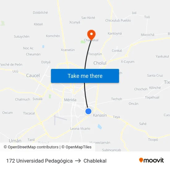 172 Universidad Pedagógica to Chablekal map