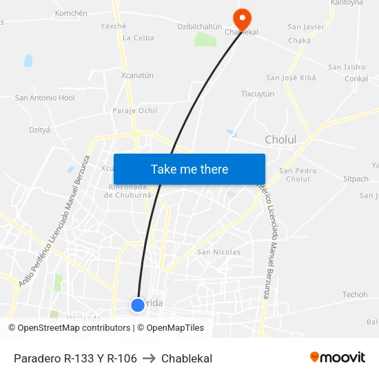 Paradero R-133 Y R-106 to Chablekal map