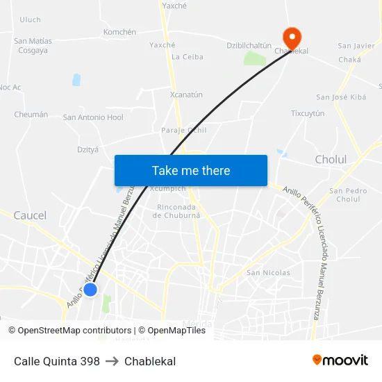 Calle Quinta 398 to Chablekal map