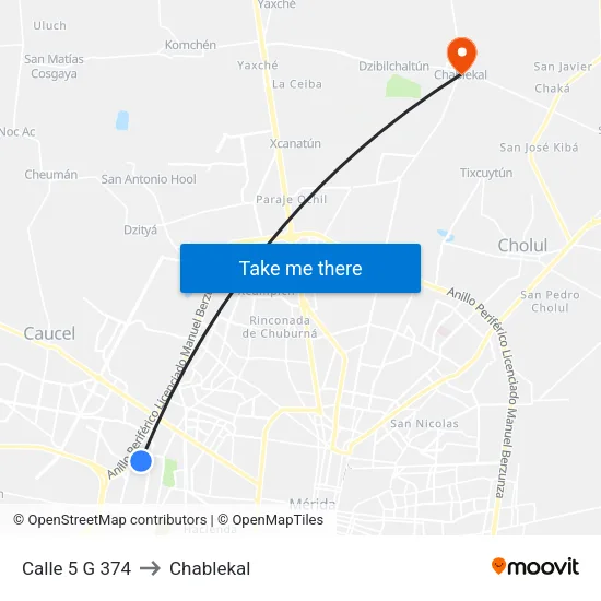 Calle 5 G 374 to Chablekal map