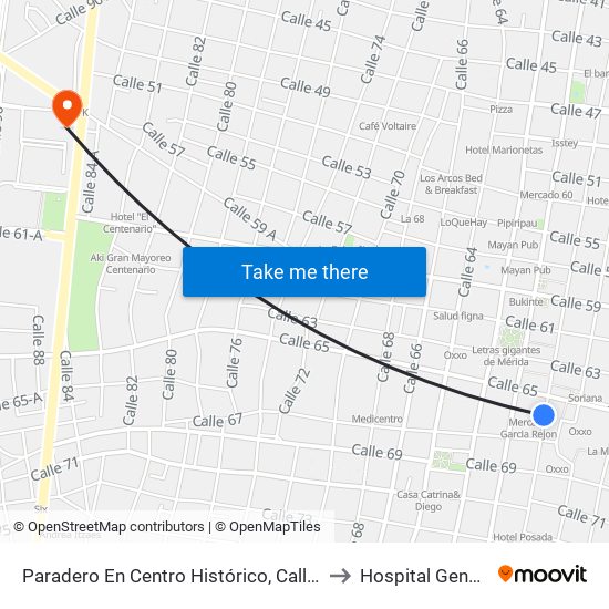 Paradero En Centro Histórico, Calle 58 Por 65 Y 67, Centro to Hospital General O'Horan map