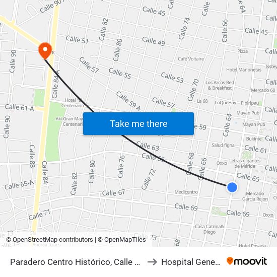 Paradero Centro Histórico,  Calle 62 Por 65 Y 67,Centro to Hospital General O'Horan map