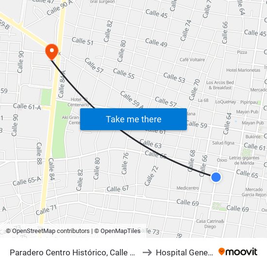 Paradero Centro Histórico, Calle 64 Por 67 Y 65, Centro to Hospital General O'Horan map