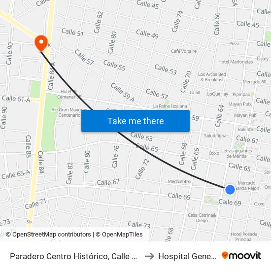 Paradero Centro Histórico, Calle 67 Por 62 Y 60, Centro to Hospital General O'Horan map