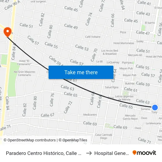 Paradero Centro Histórico, Calle 54 Por 63 Y 65, Centro to Hospital General O'Horan map