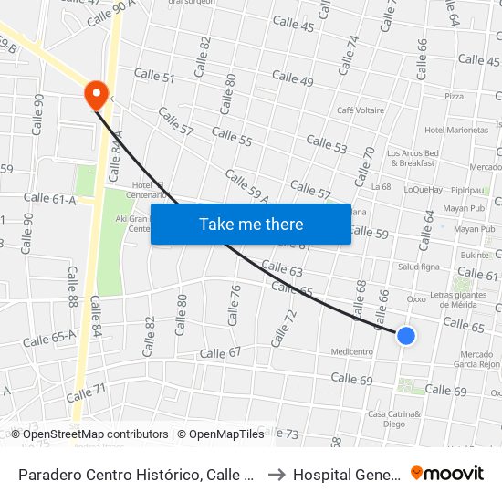 Paradero Centro Histórico, Calle 56 Por 63 Y 61, Centro to Hospital General O'Horan map