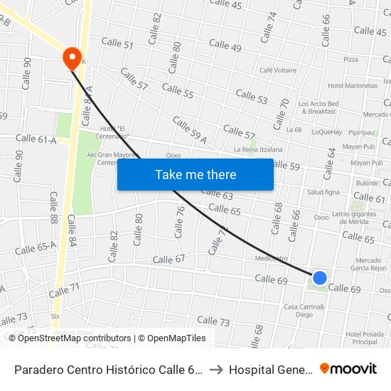 Paradero Centro Histórico Calle 67a Por 62 Y 64, Centro to Hospital General O'Horan map