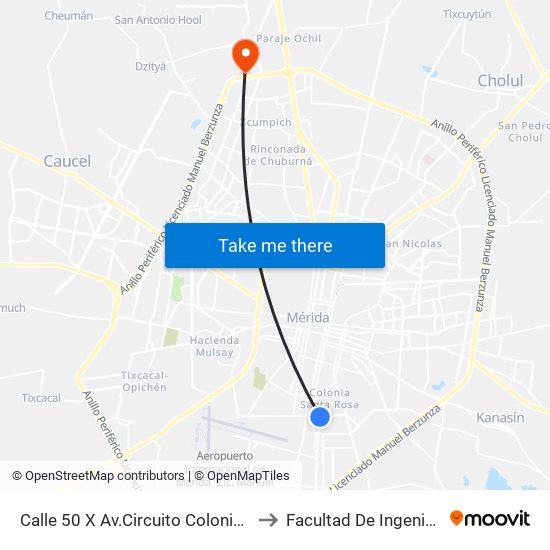 Calle 50 X Av.Circuito Colonias Y 111a, Mercedes Barrea to Facultad De Ingeniería Química (Uady) map