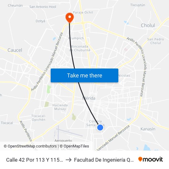 Calle 42 Por 113 Y 115, Santa Rosa to Facultad De Ingeniería Química (Uady) map