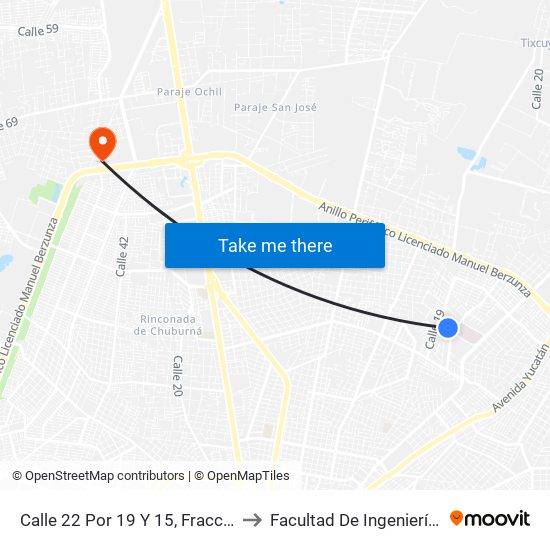 Calle 22 Por 19 Y 15, Fraccionamiento Altabrisa to Facultad De Ingeniería Química (Uady) map